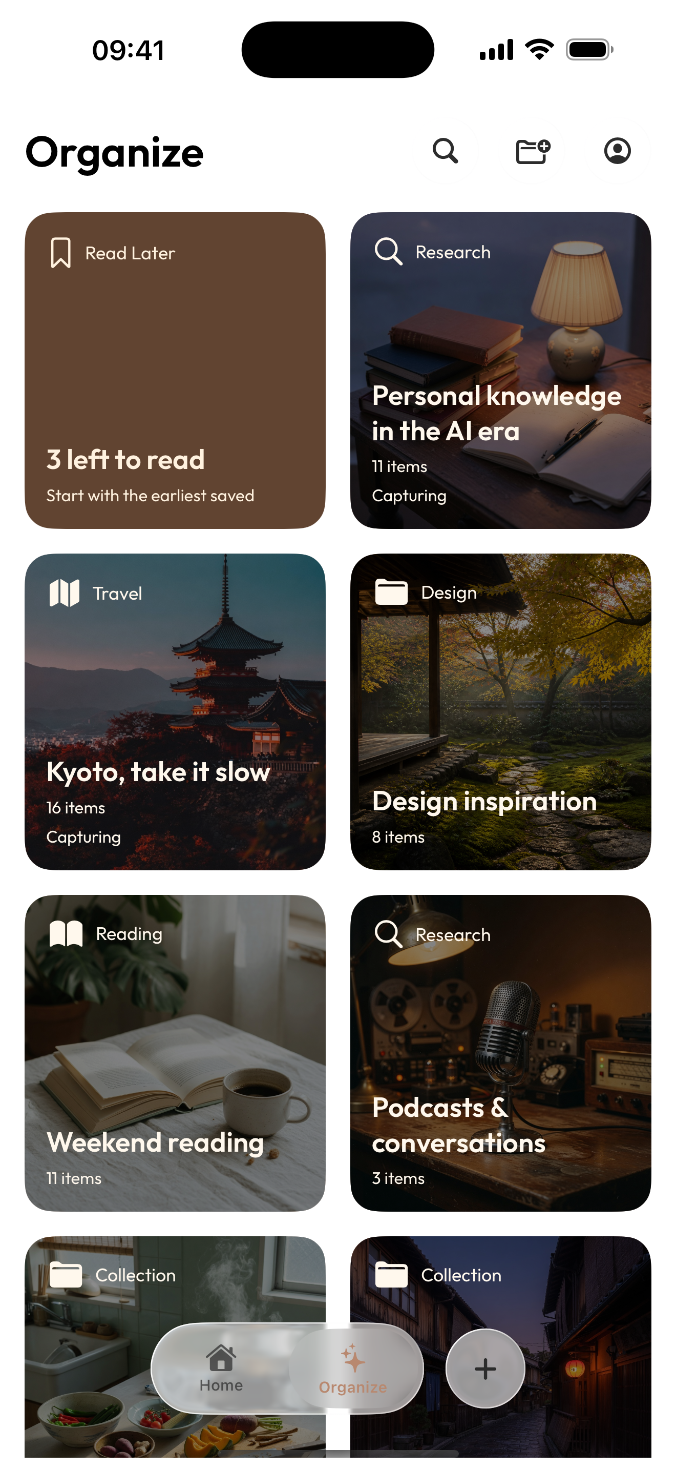 Aside iOS Organize grid of collections for reading, research, and travel
