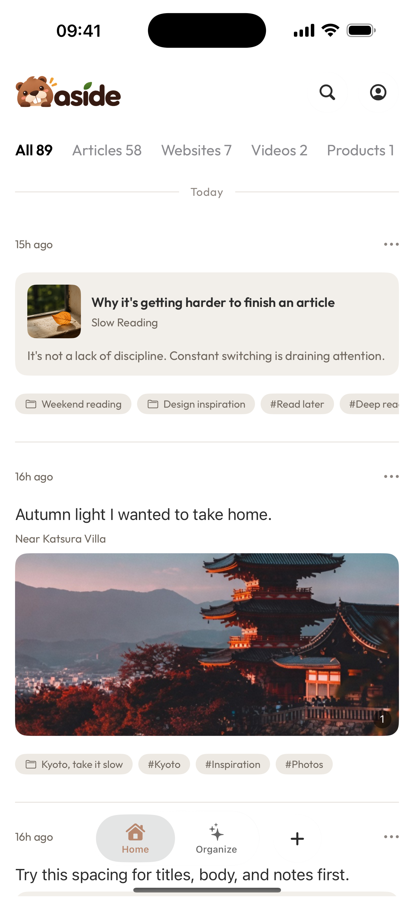 Aside iOS Home showing saved items in the Local Library